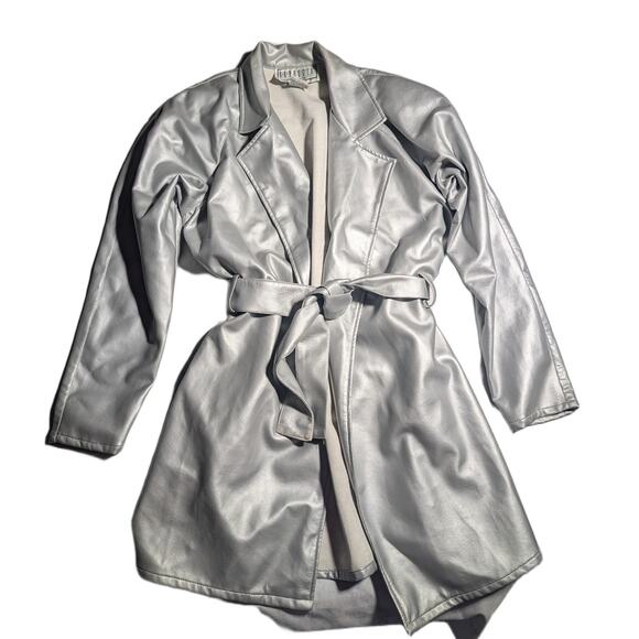 Vtg 1990s BB Dakota Silver Metallic Faux Leather Tie Waist Trench Coat Sz S - Picture 1 of 5